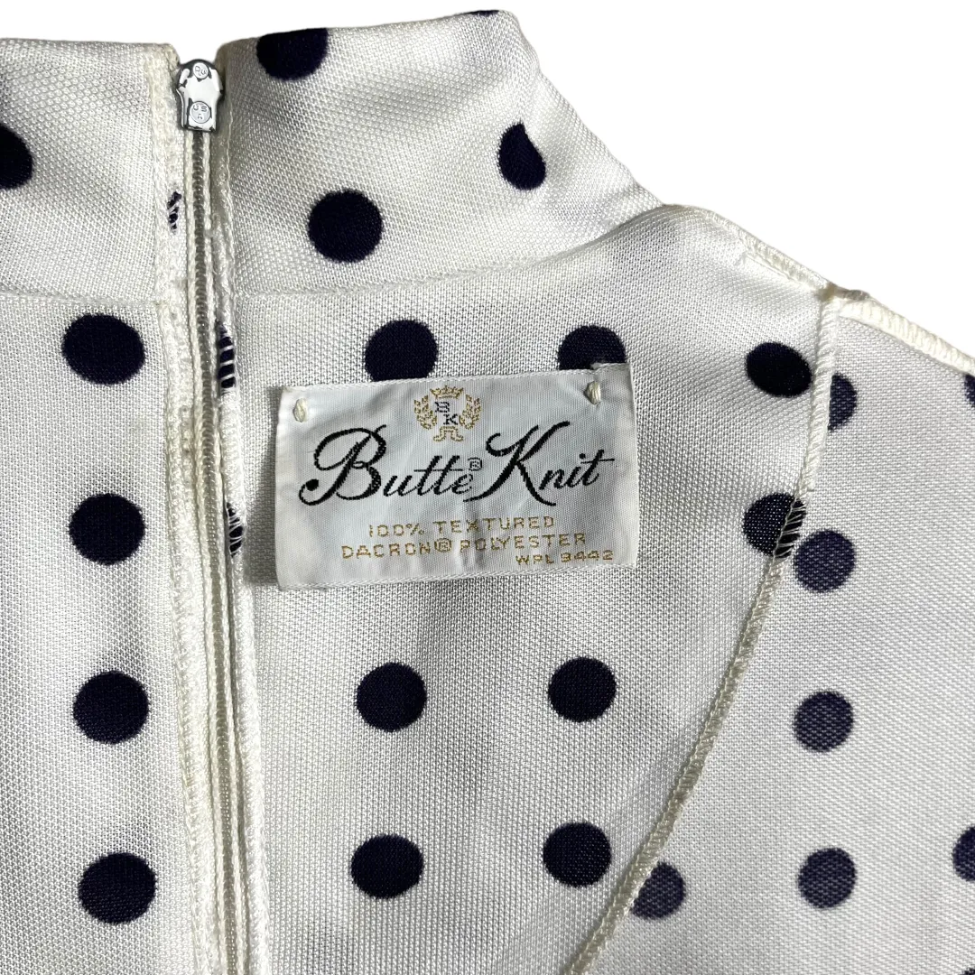Butte Knits Butte Knit I Vintage 70's White and Navy Blue Polka Dot Long Sleeve Day Dress - Image 10