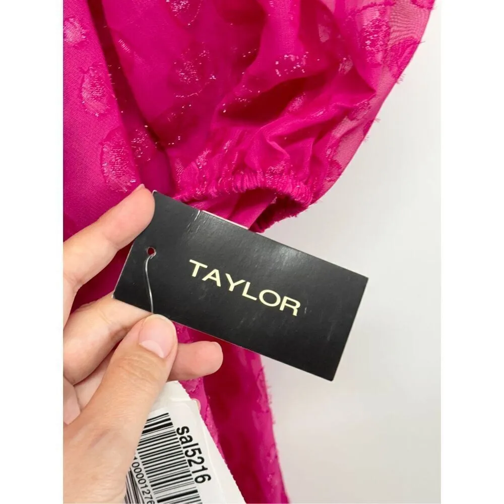Taylor Midi Dress Size 6 Petite Hot‎ Pink Long Sleeve V Neck Printed Chiffon NEW - Image 8