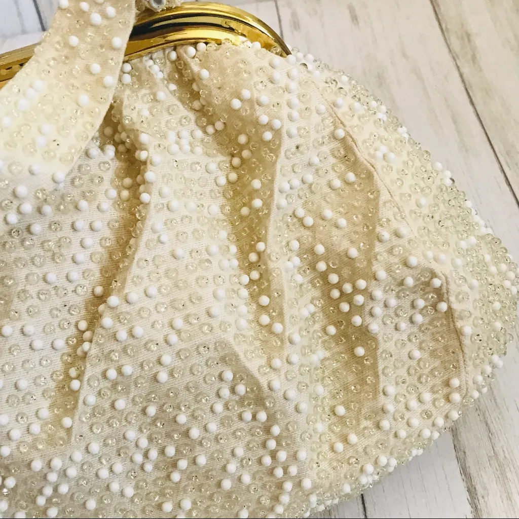 Vintage Cream Color Handbag with Clear & White Beading Gold Tone Hardware - Image 2