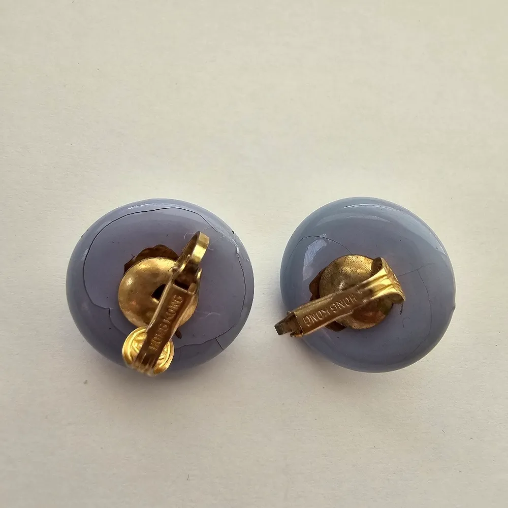 Maximalist Rhinestone round button spikes clip on Vintage Statement earrings Blue - Image 2