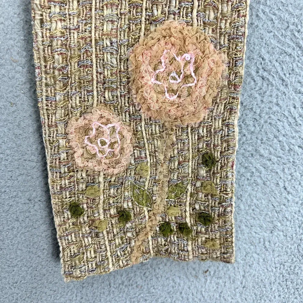 Amet & ladoue Scarf Floral‎ Mixed Media Silk Blend 3D Rosette Embroidered Boho Tan - Image 5