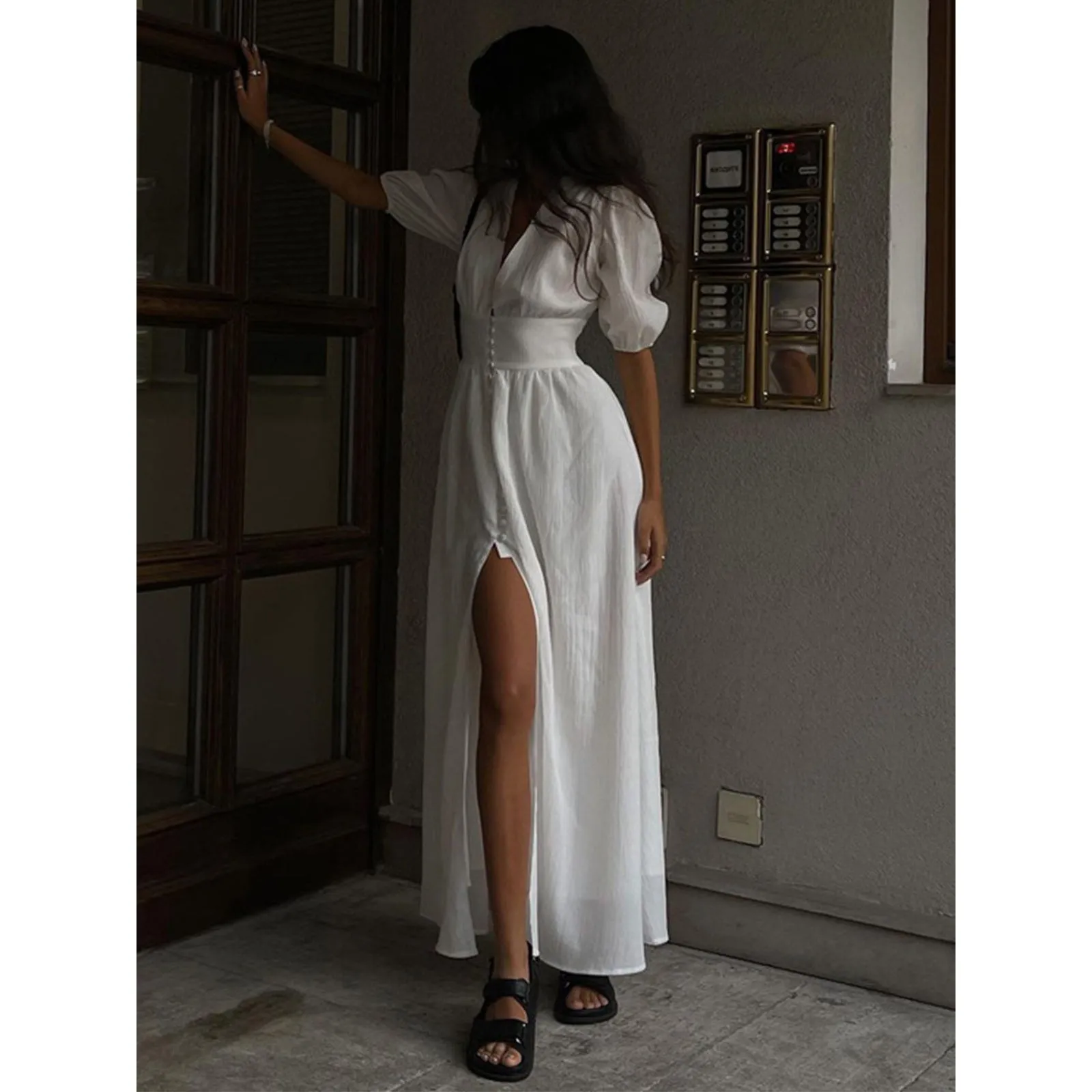 Commense Coastal Frenchy Cottage Flowy Button Split Long Dress White Maxi Small - Image 2