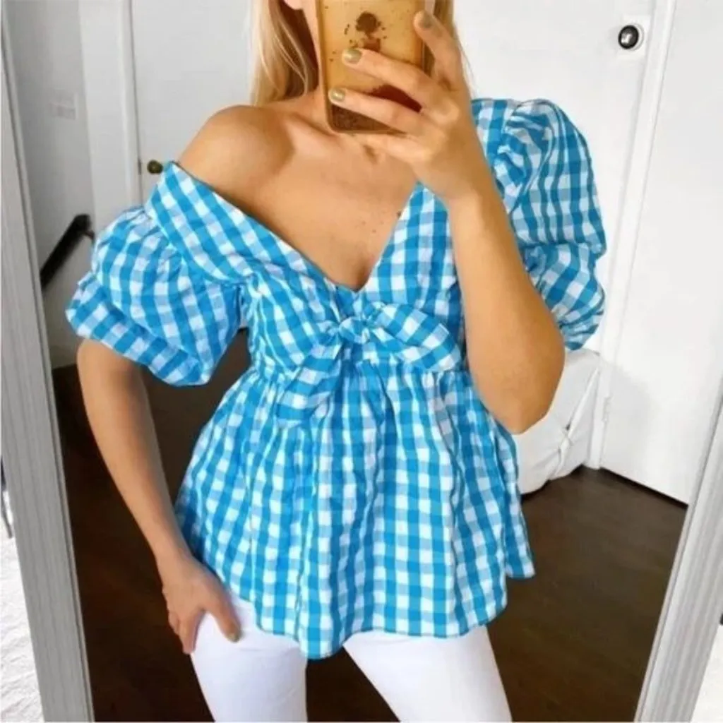 Lilly Pulitzer Sarafina Puff Sleeve Top Blue Checkered Size 2 Preppy Coastal Coq - Image 8