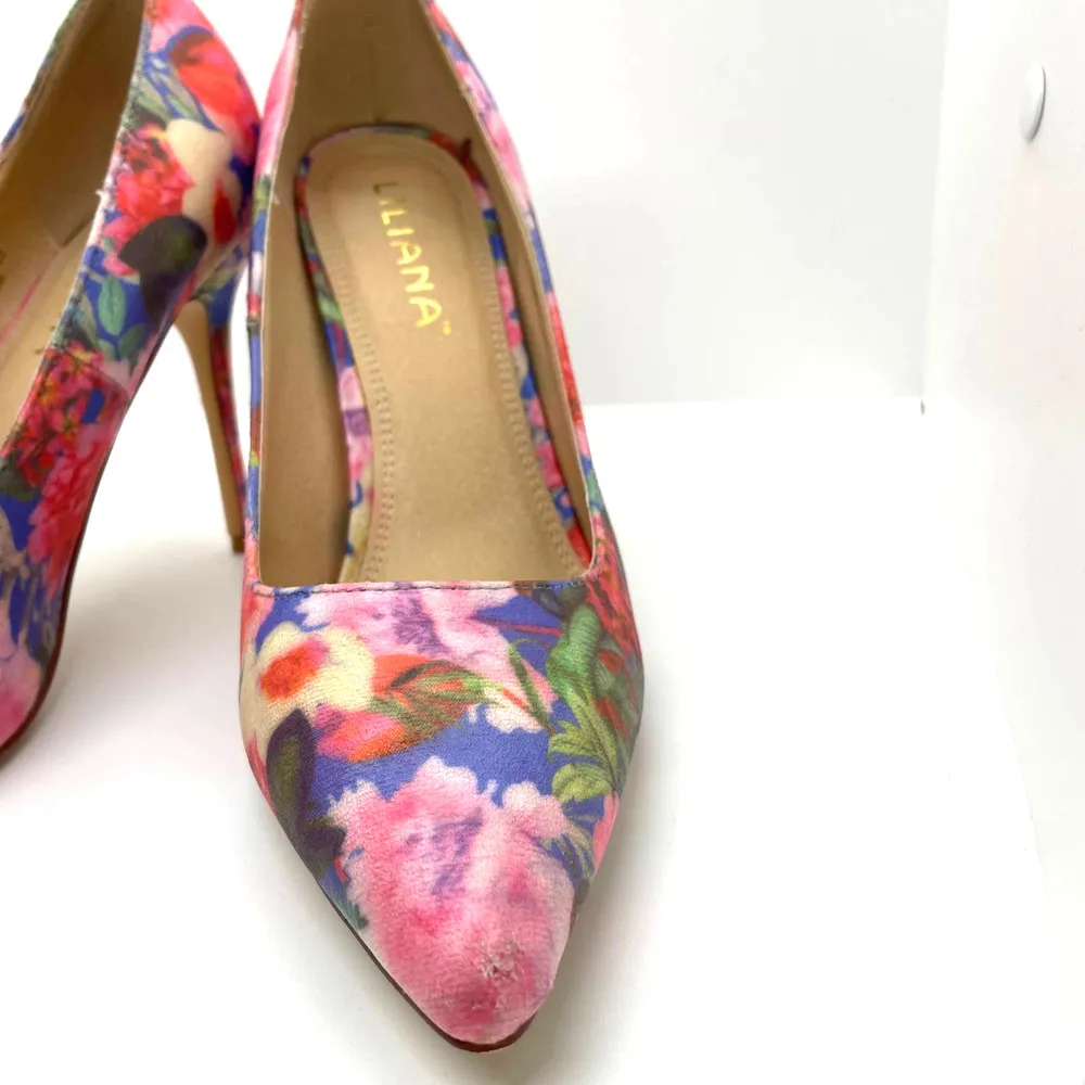 Liliana Pink Blue Jane Floral Closed Pointed Toe Heel Stiletto Size 9 - Image 3