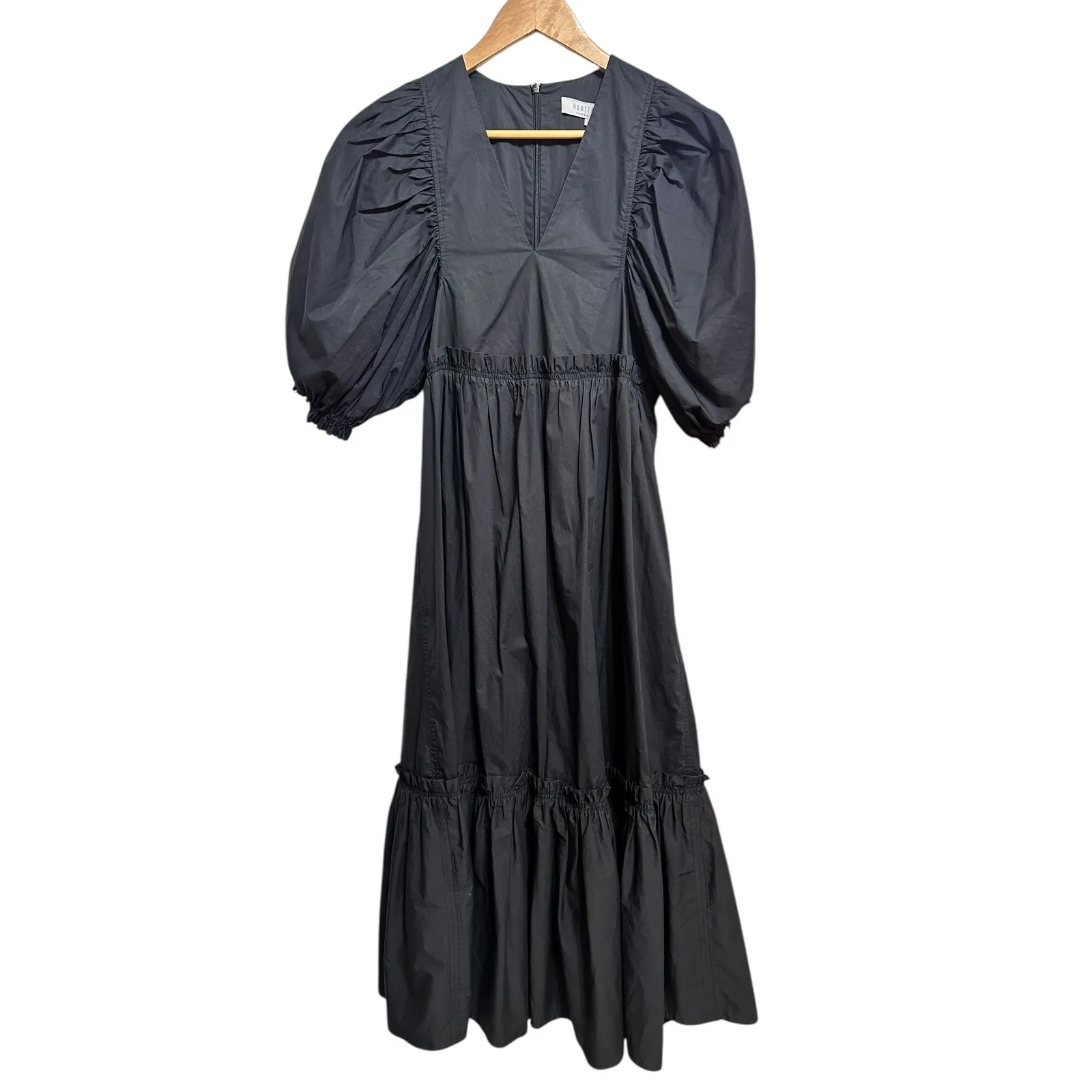 HUNTER BELL Palmer onyx midi Dress Puff Sleeve Tiered Ruffle V Neck Pockets XS - Image 2