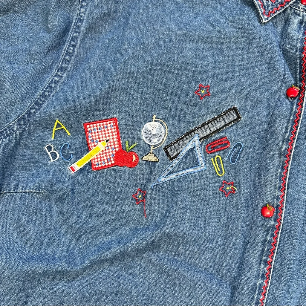 White Stag Vintage Denim Button Down Shirt Cherry School Embroidered 22W/24W - Image 10