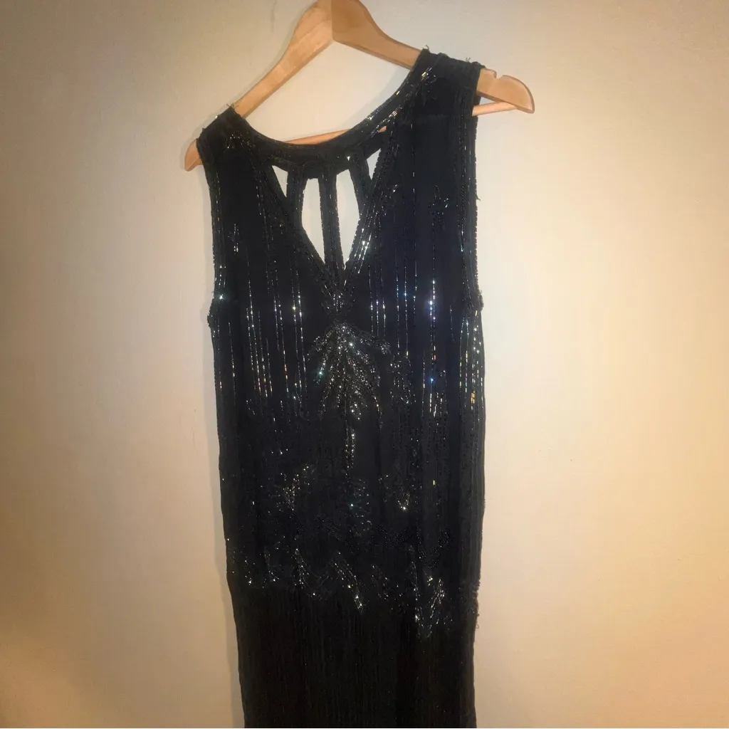 Vintage 1920s Style Art Deco Flapper Dress Black Iridescent Beaded Gatsby Dress Gold Size M - Image 12