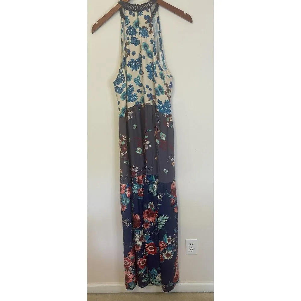 Living Doll Maxi Dress‎ Boho Tiered Multi Florals Crochet Trim L Flowy - Image 2