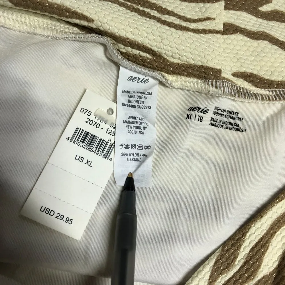 Aerie Bikini Bottom High Cut Cheeky Textured High Rise Tiger Stripe Beige XL - Image 3