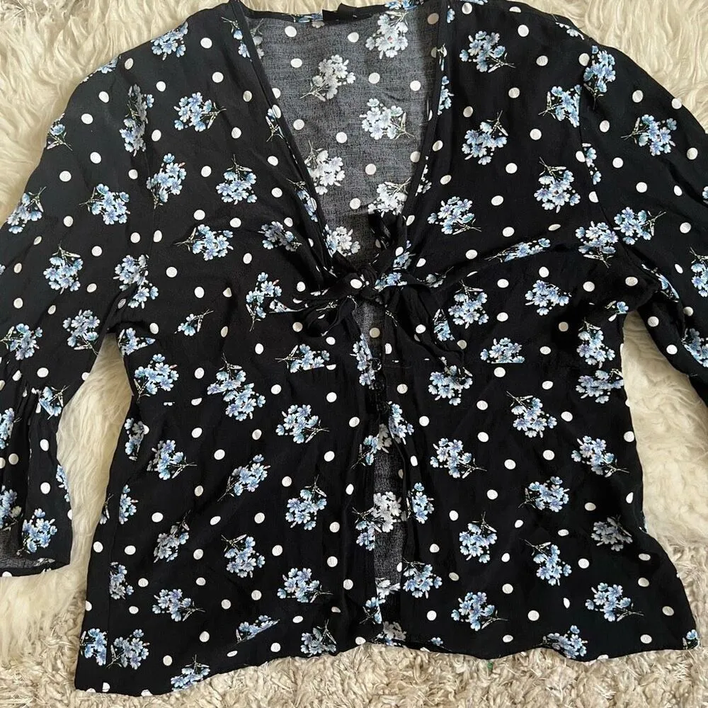 Topshop black polkadot floral blouse shirt XL - Image 4