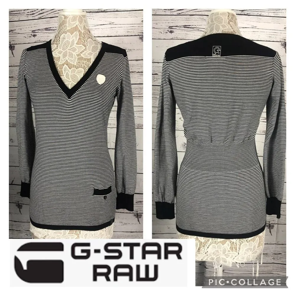 G - Star Raw V neck sweater striped black & white long fitted size large - Image 3