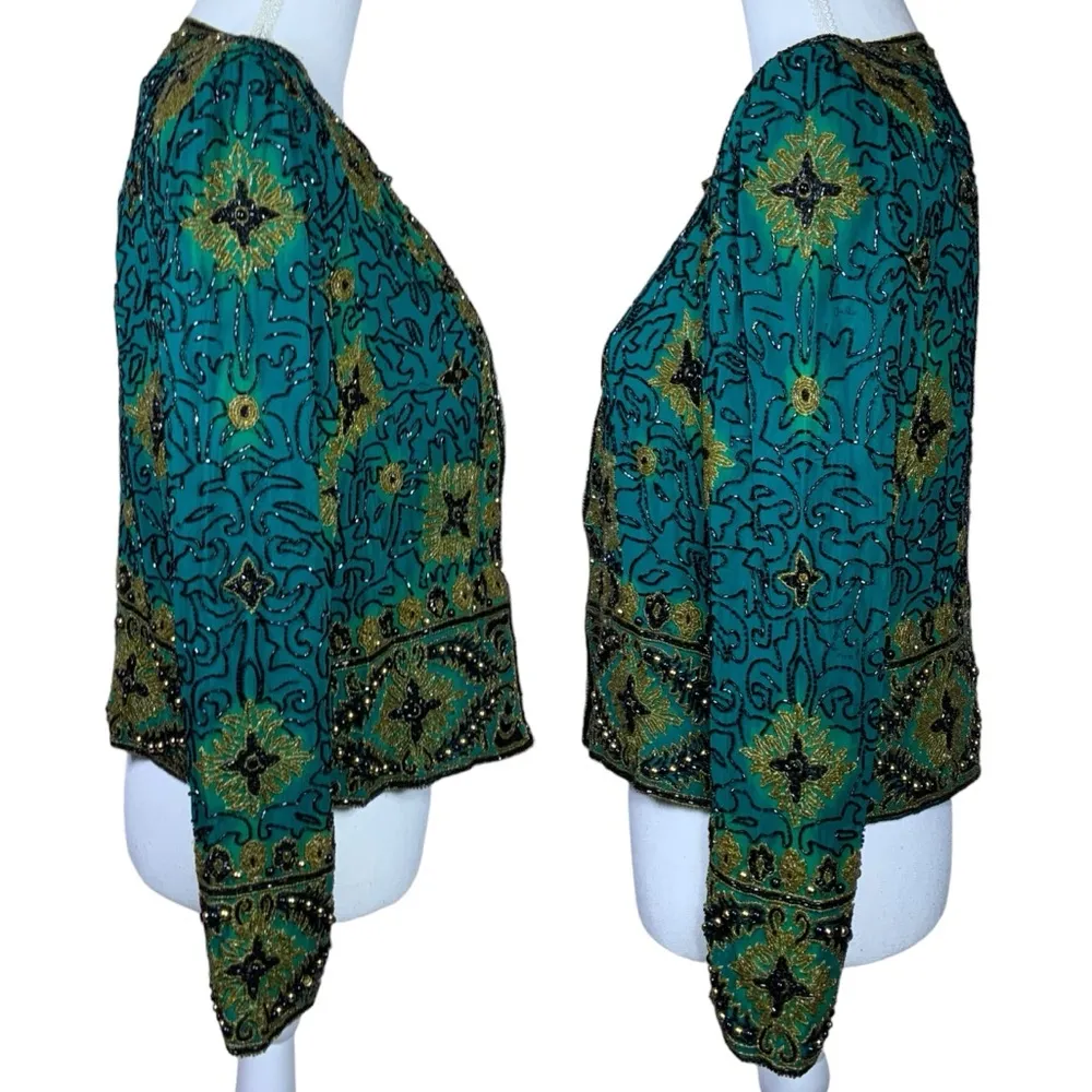 Vintage Silk Adrianna Papell Evening Dinner Jacket Beaded Turquoise Teal SM - Image 3