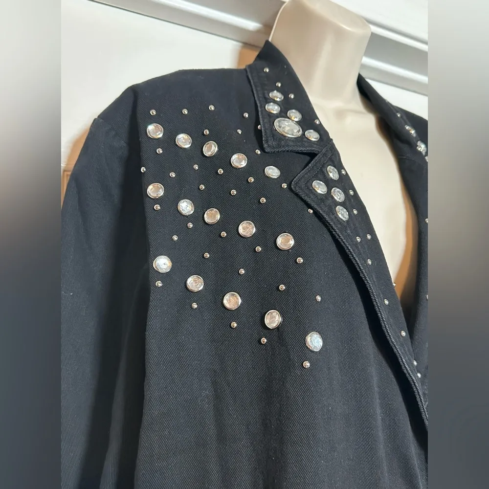 Vintage Black PADO Gem Rhinestone 80s 100% Cotton Oversized Womens Blazer Jacket Size M - Image 2