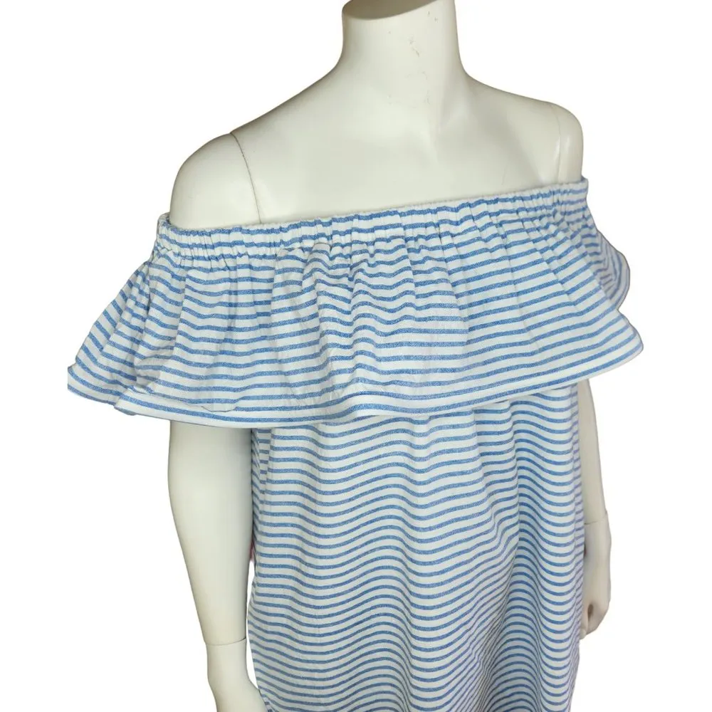 Revolve Line & Dot Dress Womens Large Lea Blue White Stripe Off Shoulder Ruffle - Image 100