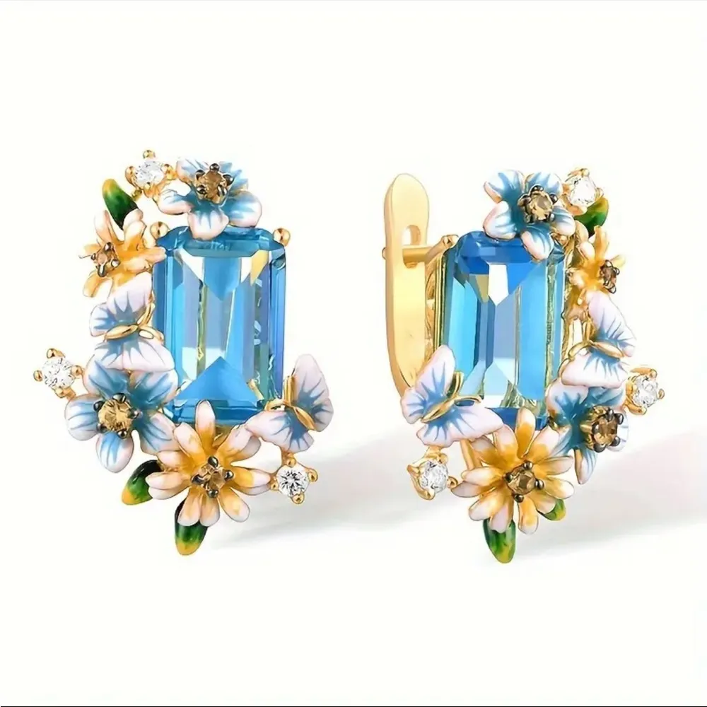 Blue & Gold Floral Crystal Stud Earrings Elegant Vintage Style NWT - Image 3