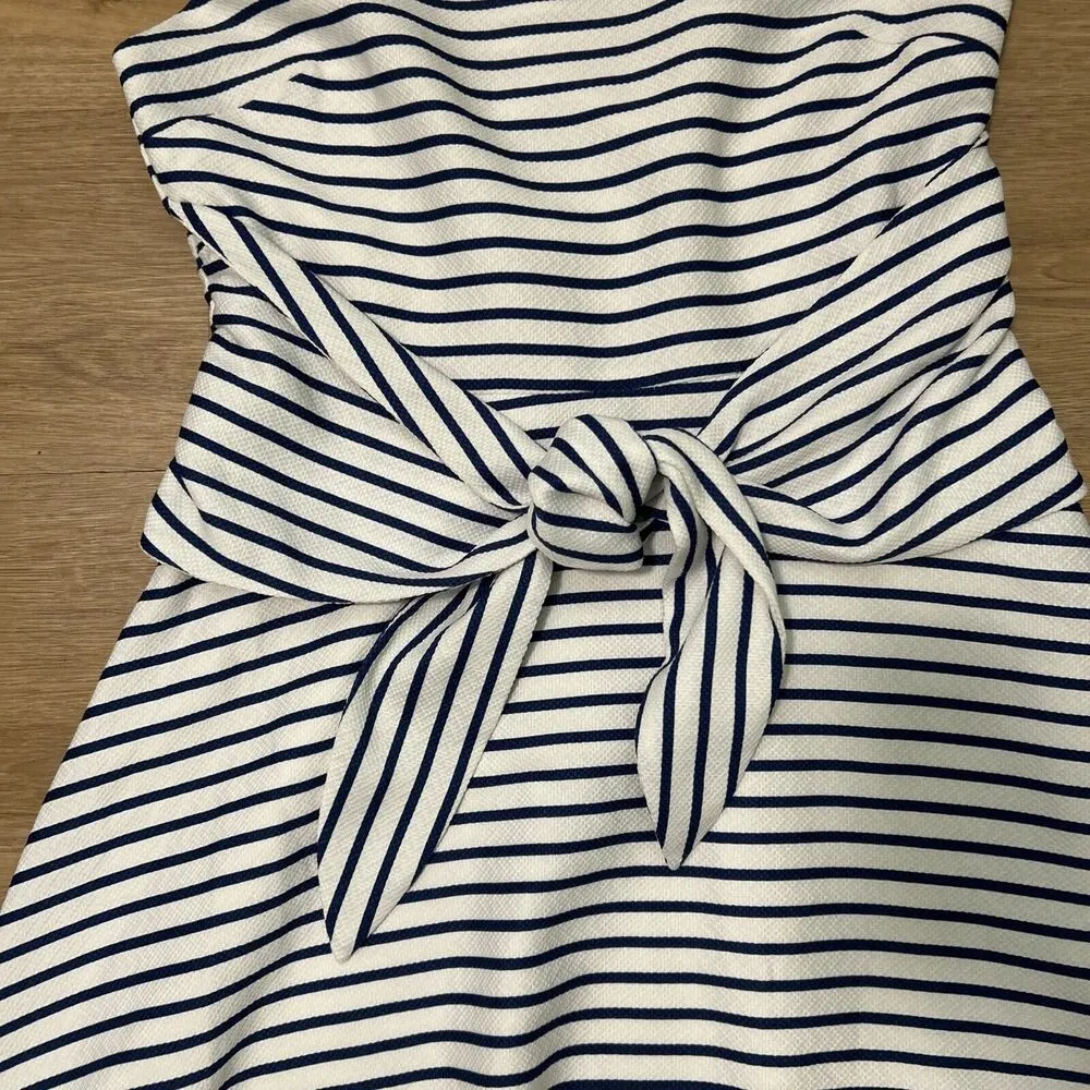 JOA Los Angeles Women M Woven Striped Bow Fit Flair Dress Blue White Short Casua - Image 2