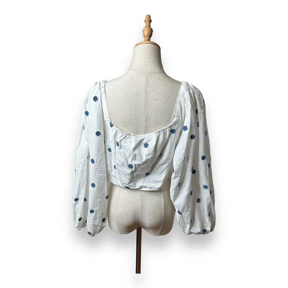 Farm Rio Flower Embroidered Cotton Crop Top White Blue Size XL - Image 3