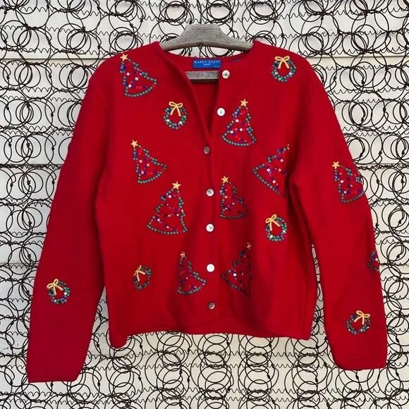 Vintage 90s red wool sequin Ugly Christmas tree embroidered cardigan sweater PL Size undefined - Image 1