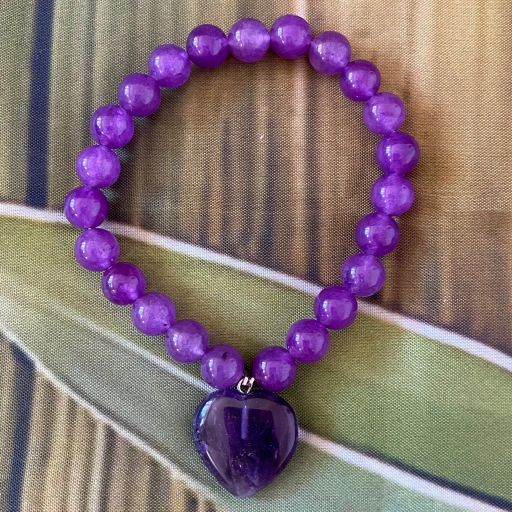 New Amethyst Beaded Bracelet with Heart Charm Purple - Image 2