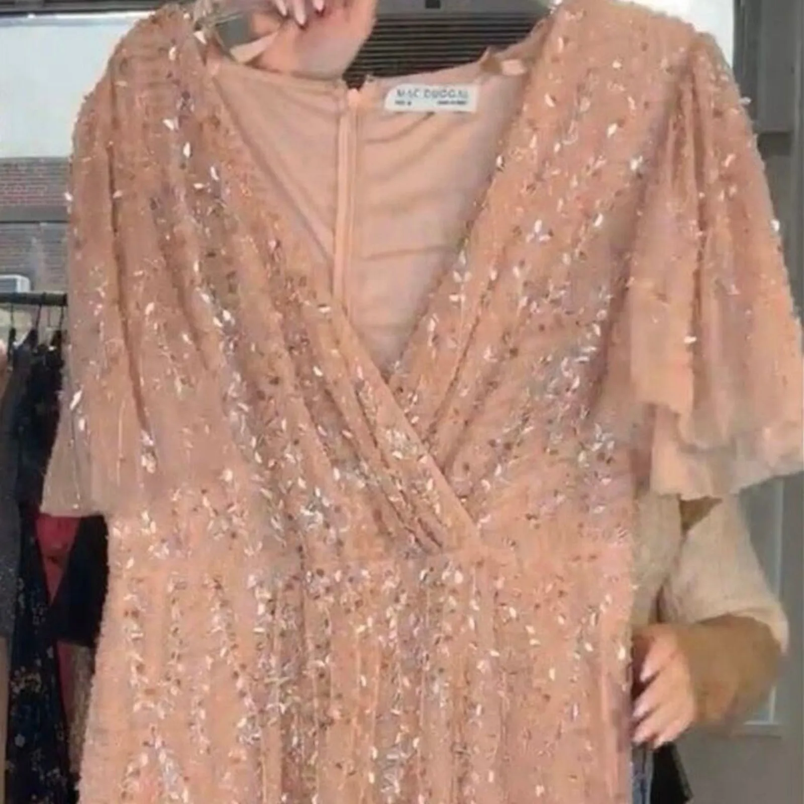 MAC DUGGAL 35109 Beaded Flutter Sleeve Gown in Nude Size 16 New w/ Tag MSRP $698 - Image 14