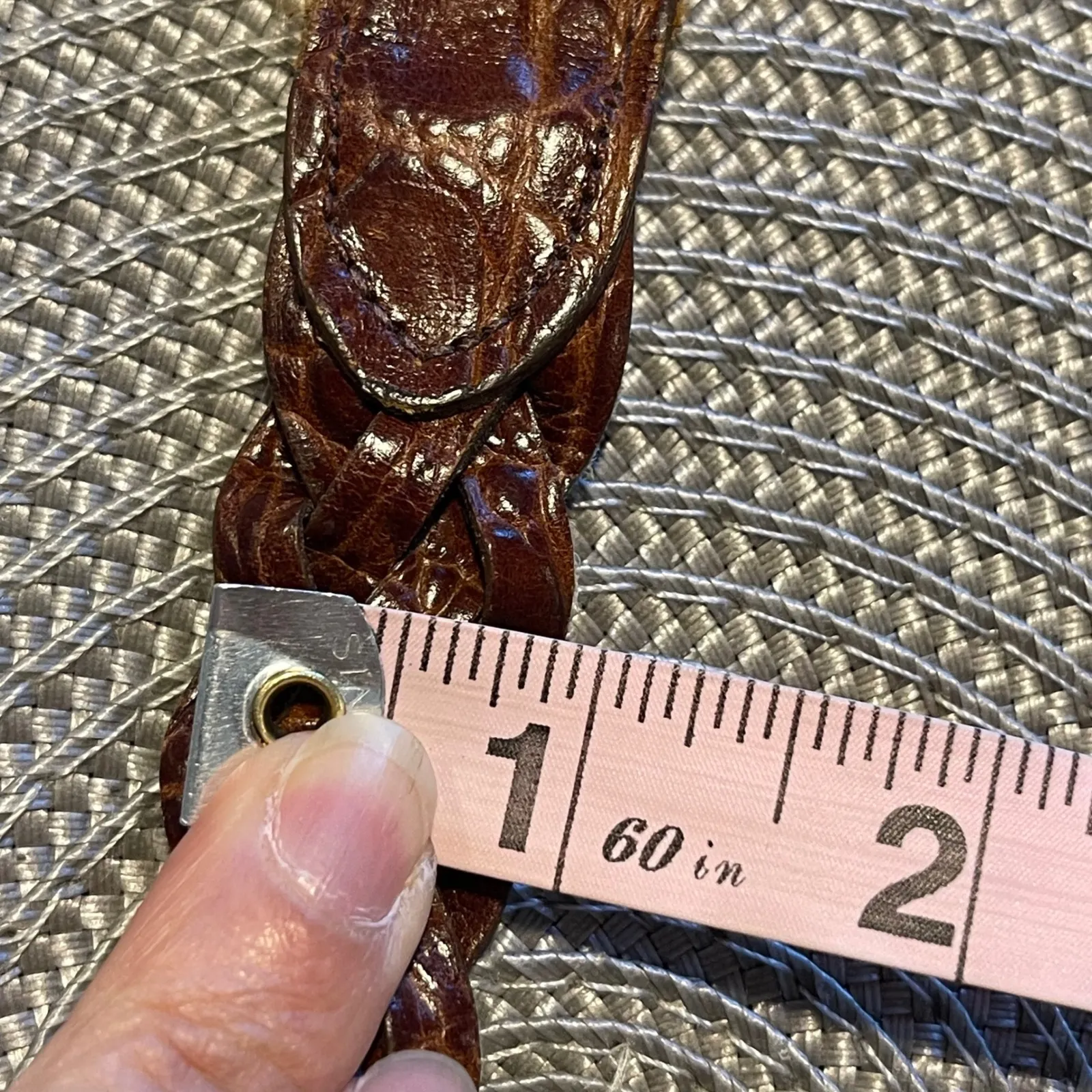 Joan & David Brown Leather Croc Embossed Braided Belt Medium Silver Buckle - Image 5