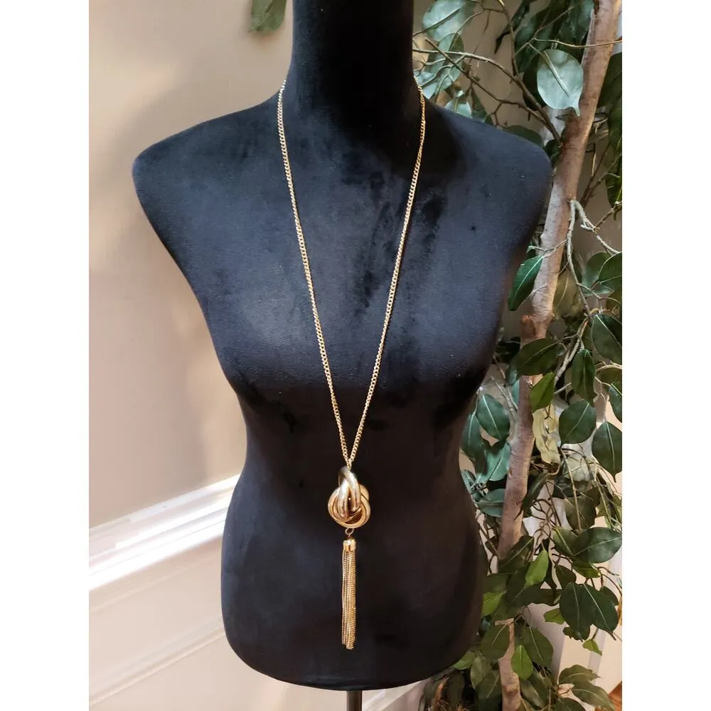 Womens Fashion Gold Tone Knot Drop Rings Chain Tassel Lariat Necklace Jewelry - Image 2