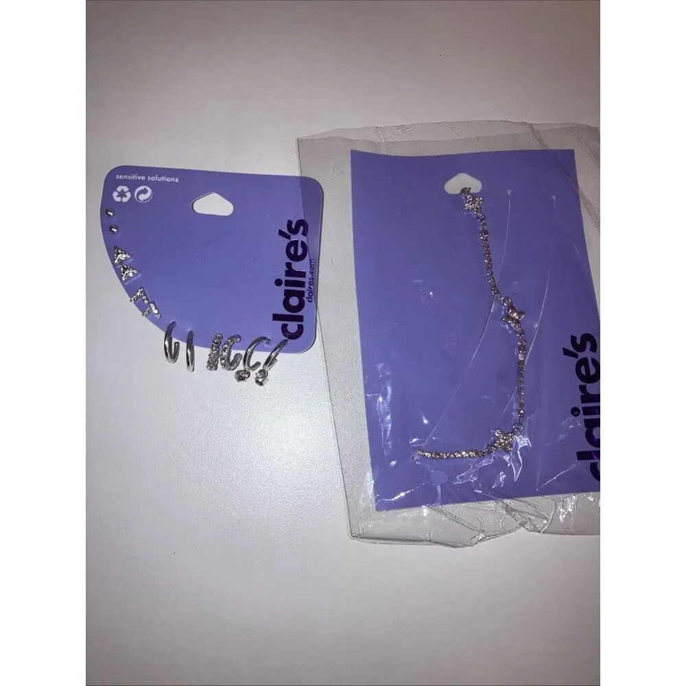 Claire’s 6prs Hoop Earrings Card, 3prs Stackable Earrings, & 1 Anklet. New Silver - Image 2