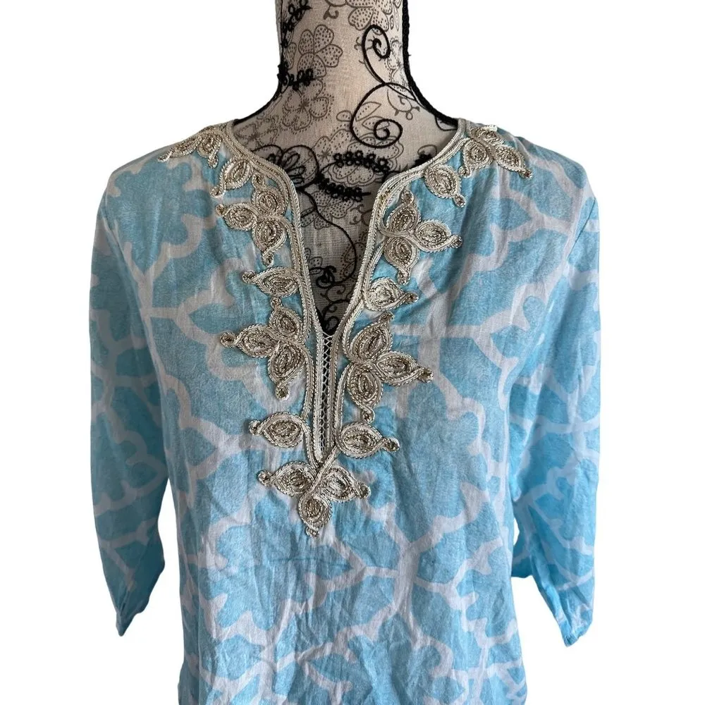 ROBERTA ROLLER RABBIT Blue Gold Scroll Detail Tunic Blouse Size Small - Image 3