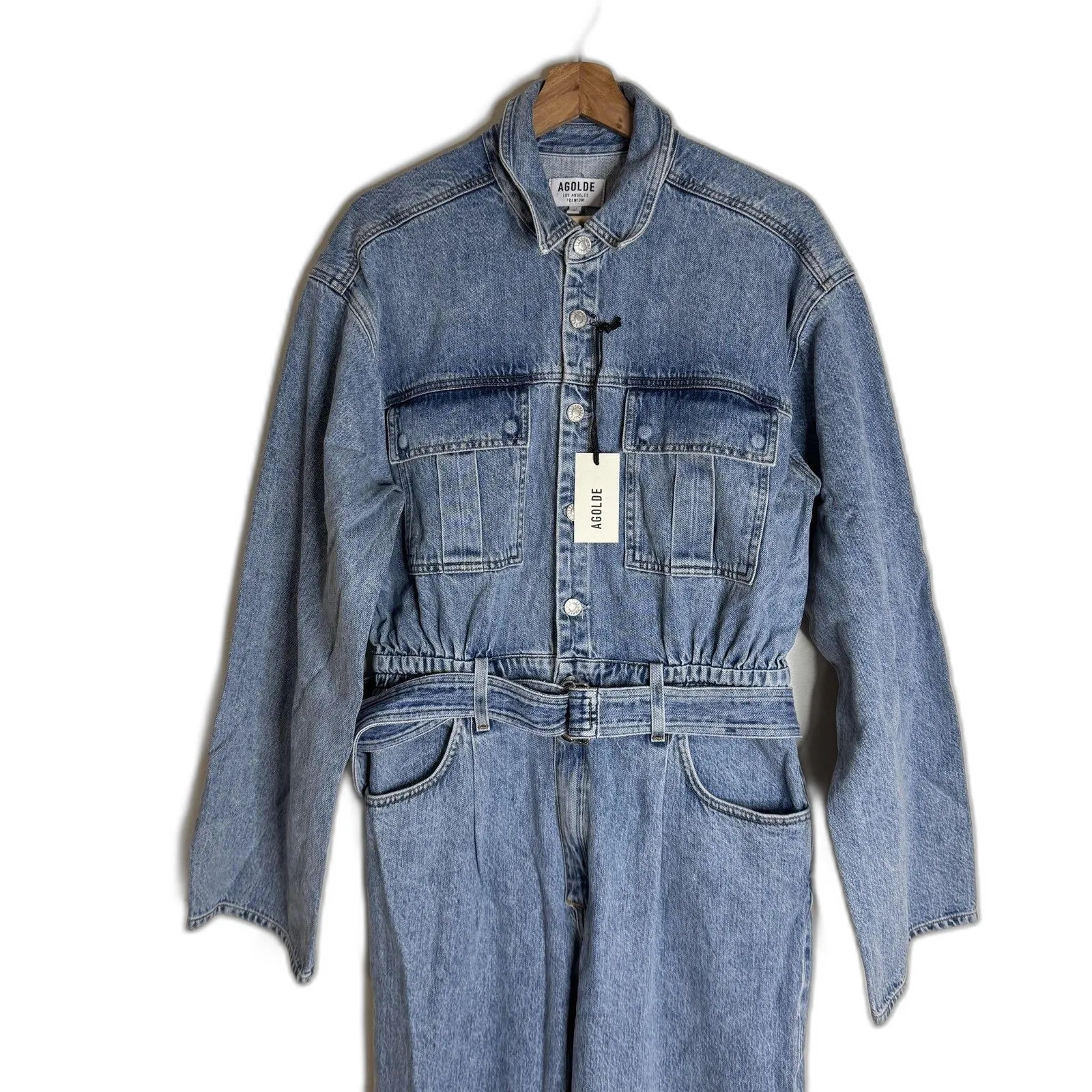Agolde Tatum Denim Jumpsuit Womens Large Light Wash Belted One Piece Coverall - Image 4