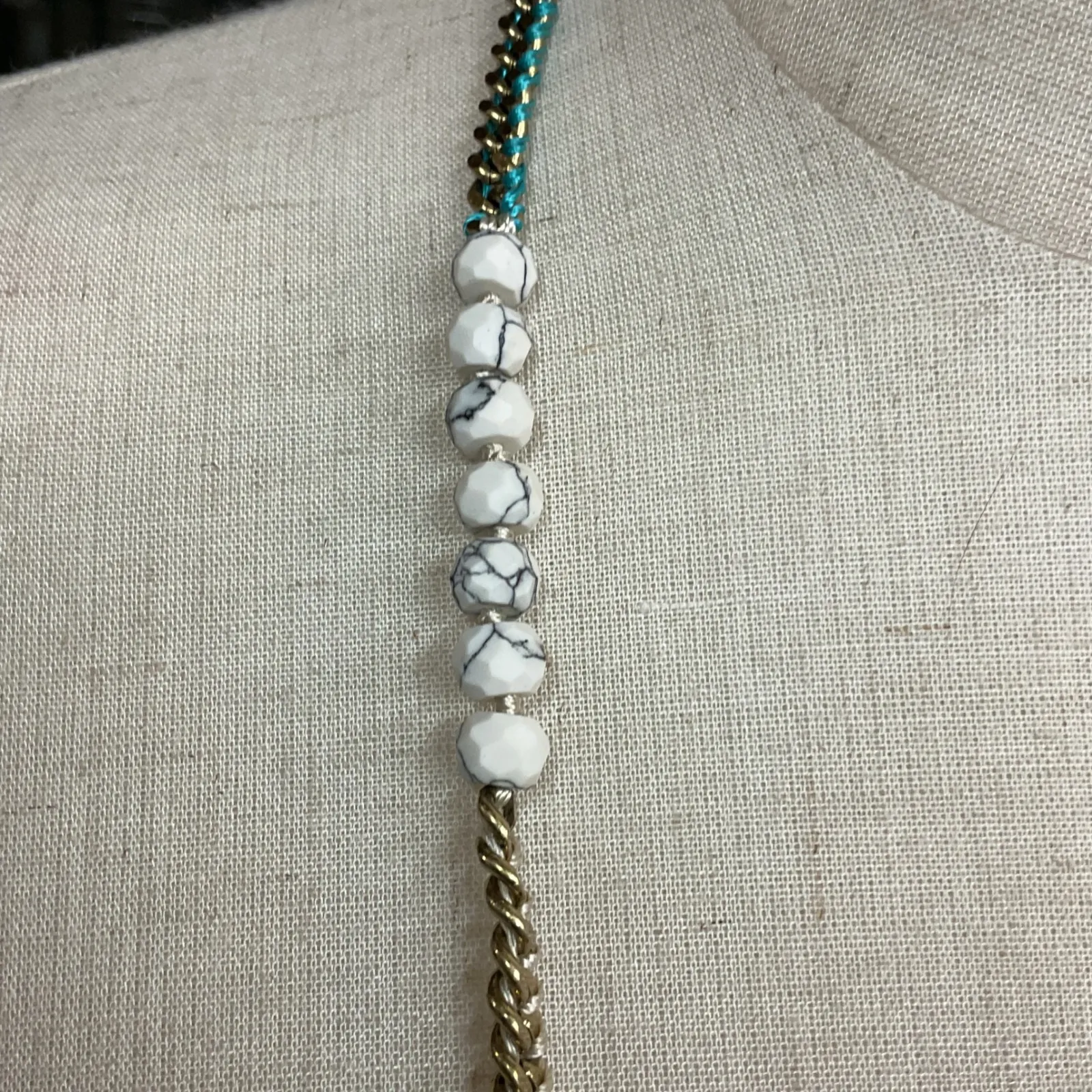 Chloe + Isabel Blue Turquoise Gold Tone Silk Cord Beaded Link Boho Necklace OZ - Image 2