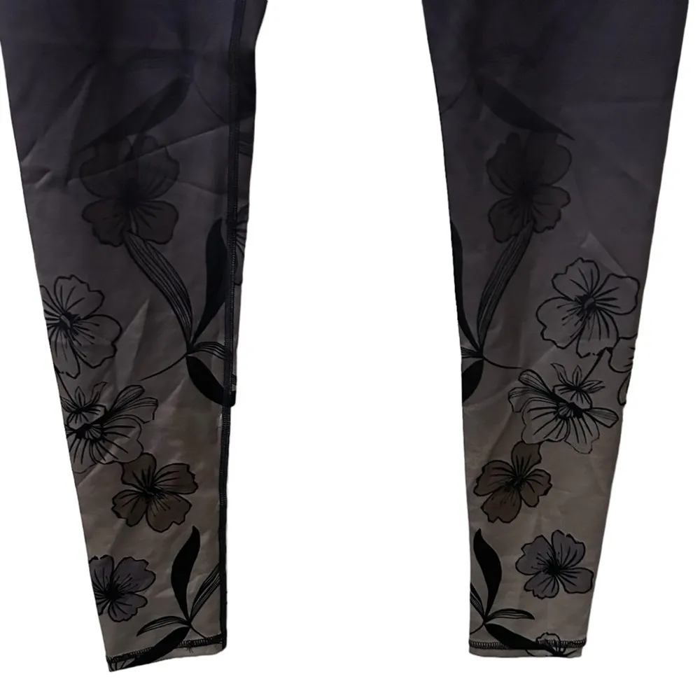 Grey Ombré Fade To Lower Leg Floral Accents Size Small Full Length Leggings - Image 3
