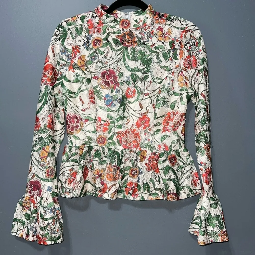 Flying Tomato women’s size small 3/4 zip up back lace floral bell sleeve spring - Image 5