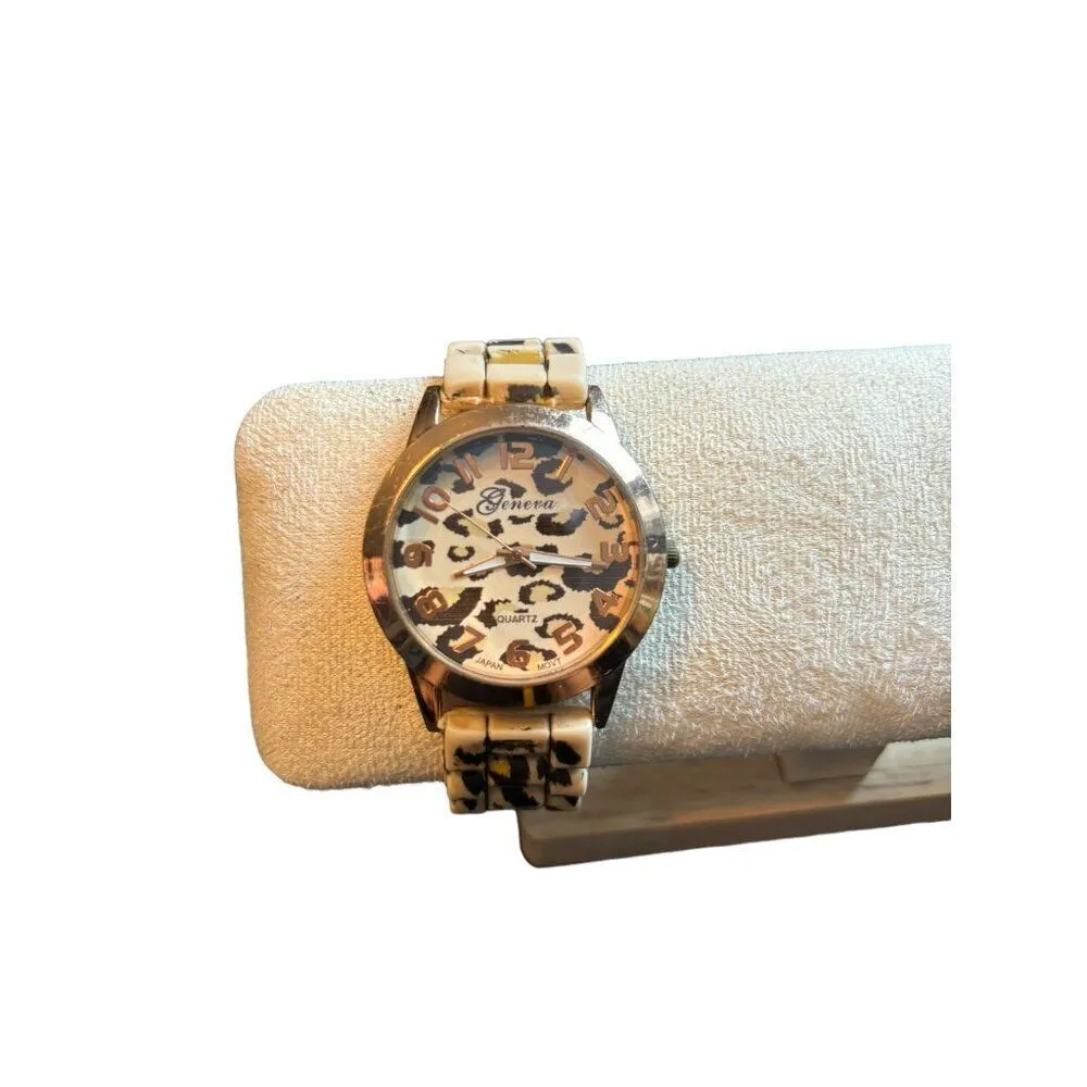 Geneva Women's Leopard Print Quartz Watch Beige & Black 10" Adjustable Resin Ban - Image 2