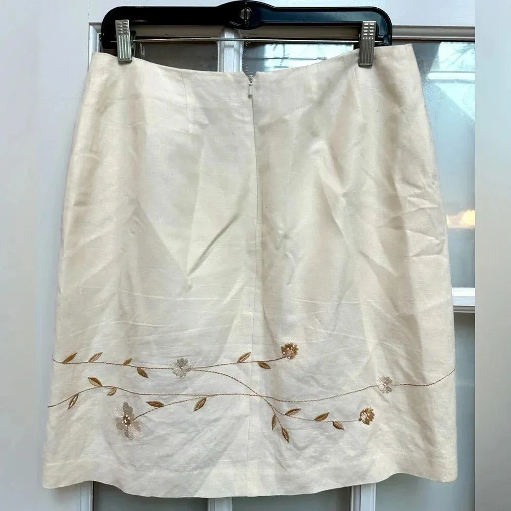Vintage Annie Alexander Cream Linen Blend Pencil Skirt Floral Embroidery Size 10 Brown - Image 2