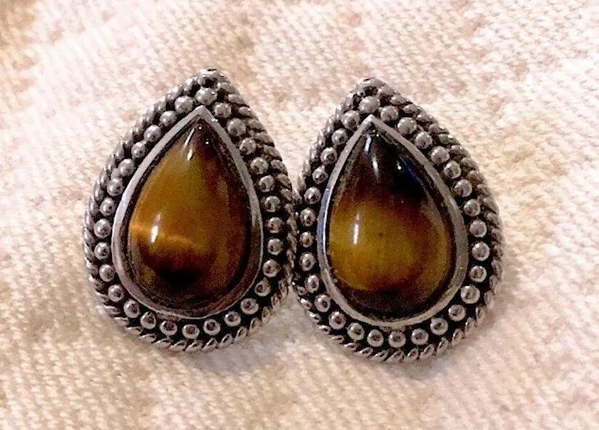 Sterling Silver Tigers Eye Teardrop Earrings With Rope and Granulated Design - Image 2