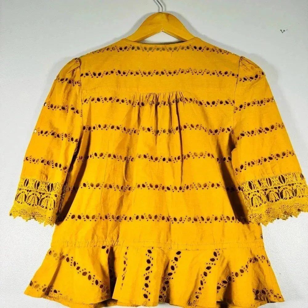 Rahi Yellow Paradise Cotton Eyelet Top Button-up Blouse with Tie Belt Size Small - Image 5