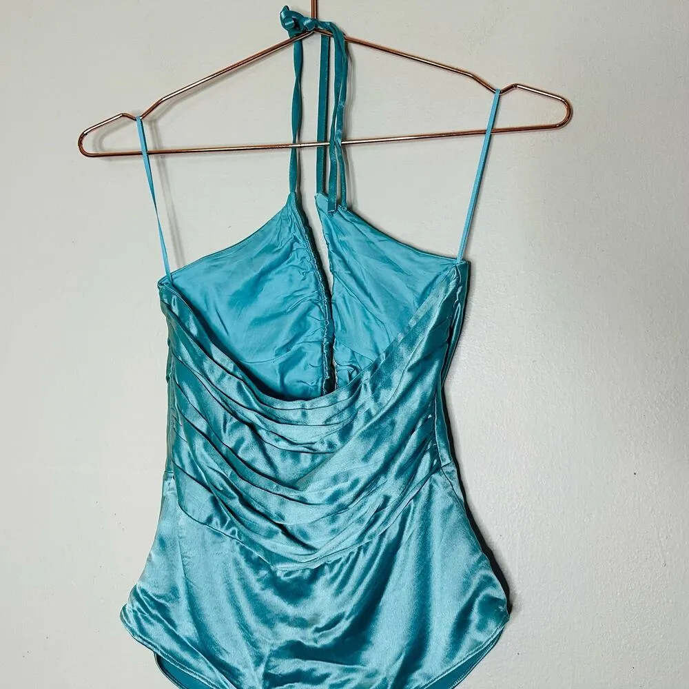 NICHOLAS Mint Blue Metallic Ruched Deep V - Image 4
