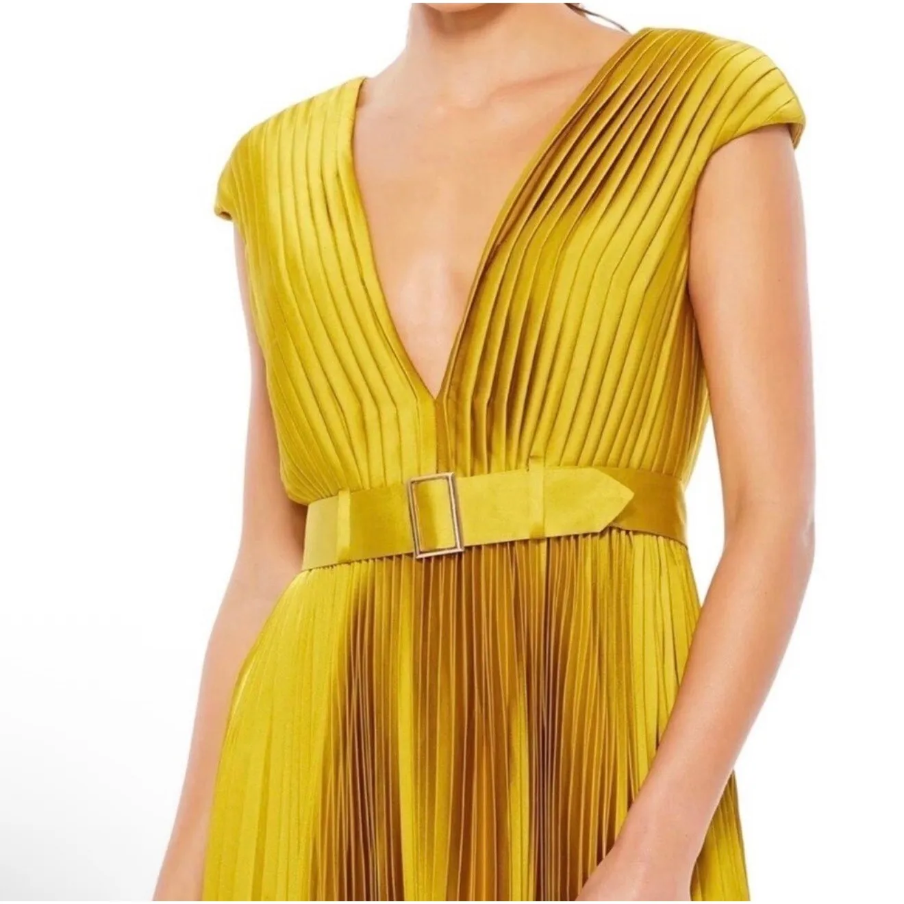 NWT MAC DUGGAL Pleated Cap Sleeve Belted ALine Dress 26483 Chartreuse Sz 10 $338 - Image 3