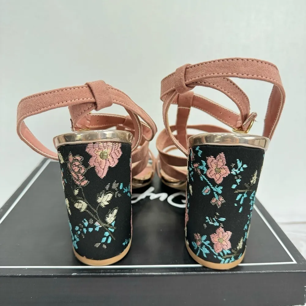 Mauve Faux Suede Strappy Sandals Embroidered Block Heels Qupid Pin Up Coquette - Image 5