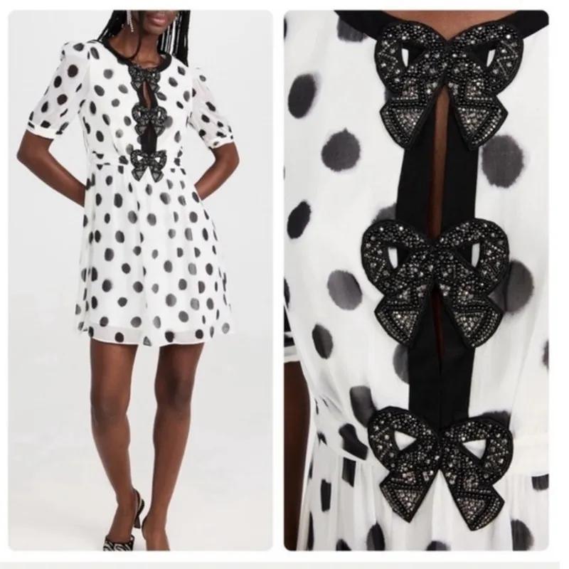 Saloni Jamie Silk Polka Dot Rhinestone Bow Mini Dress white black size US 4 - Image 2
