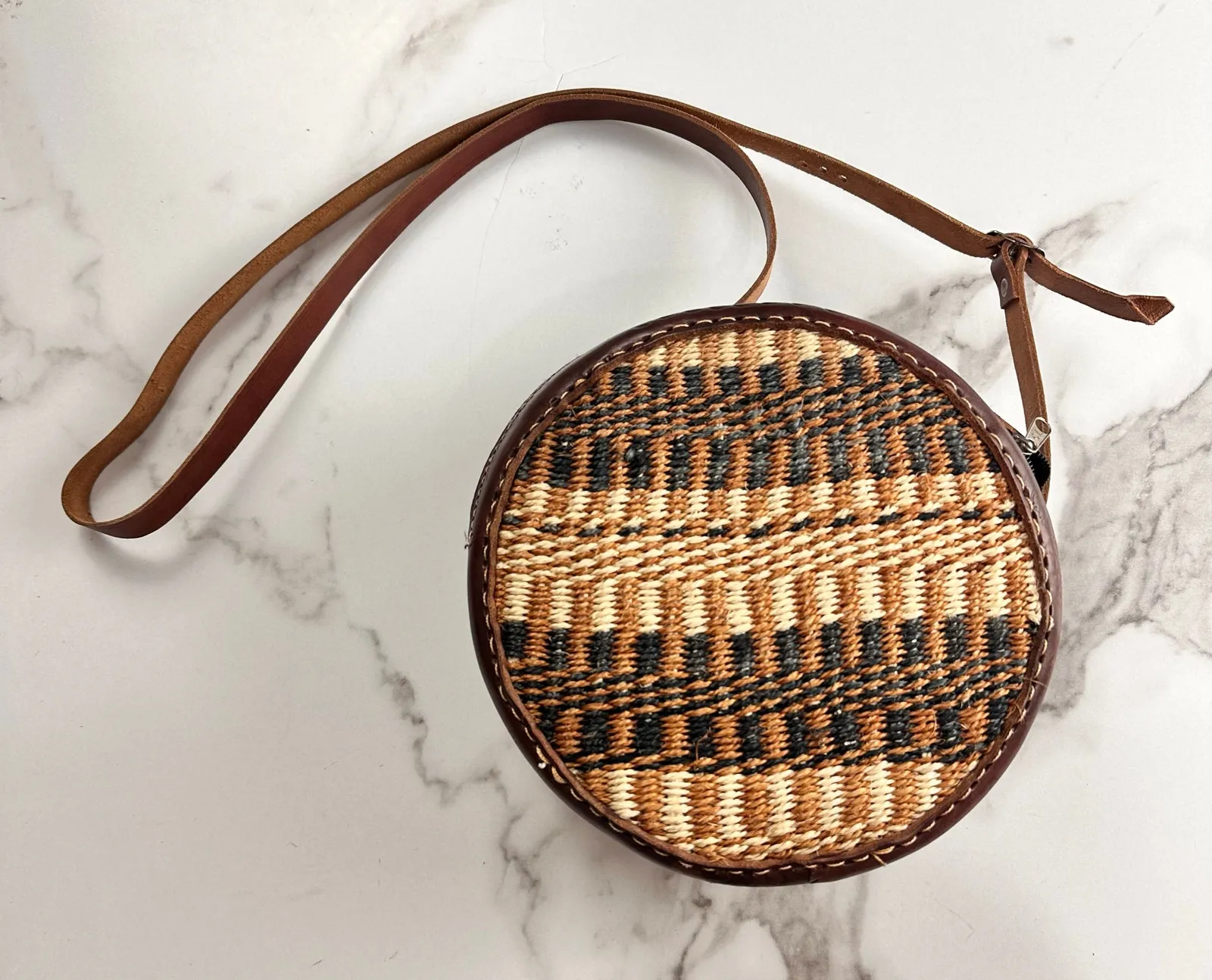 Handmade Jute Woven Boho Crossbody Circle Bag Brown Leather - Image 1