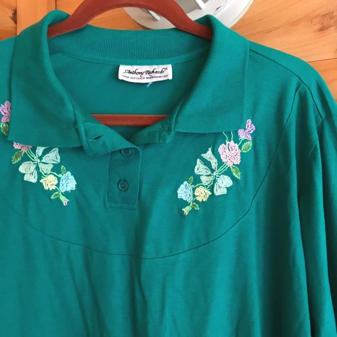 VINTAGE TEAL GREEN FLORAL EMBROIDERED THIN LONG SLEEVE COLLARED THIN SWEATSHIRT TOP Size M - Image 2