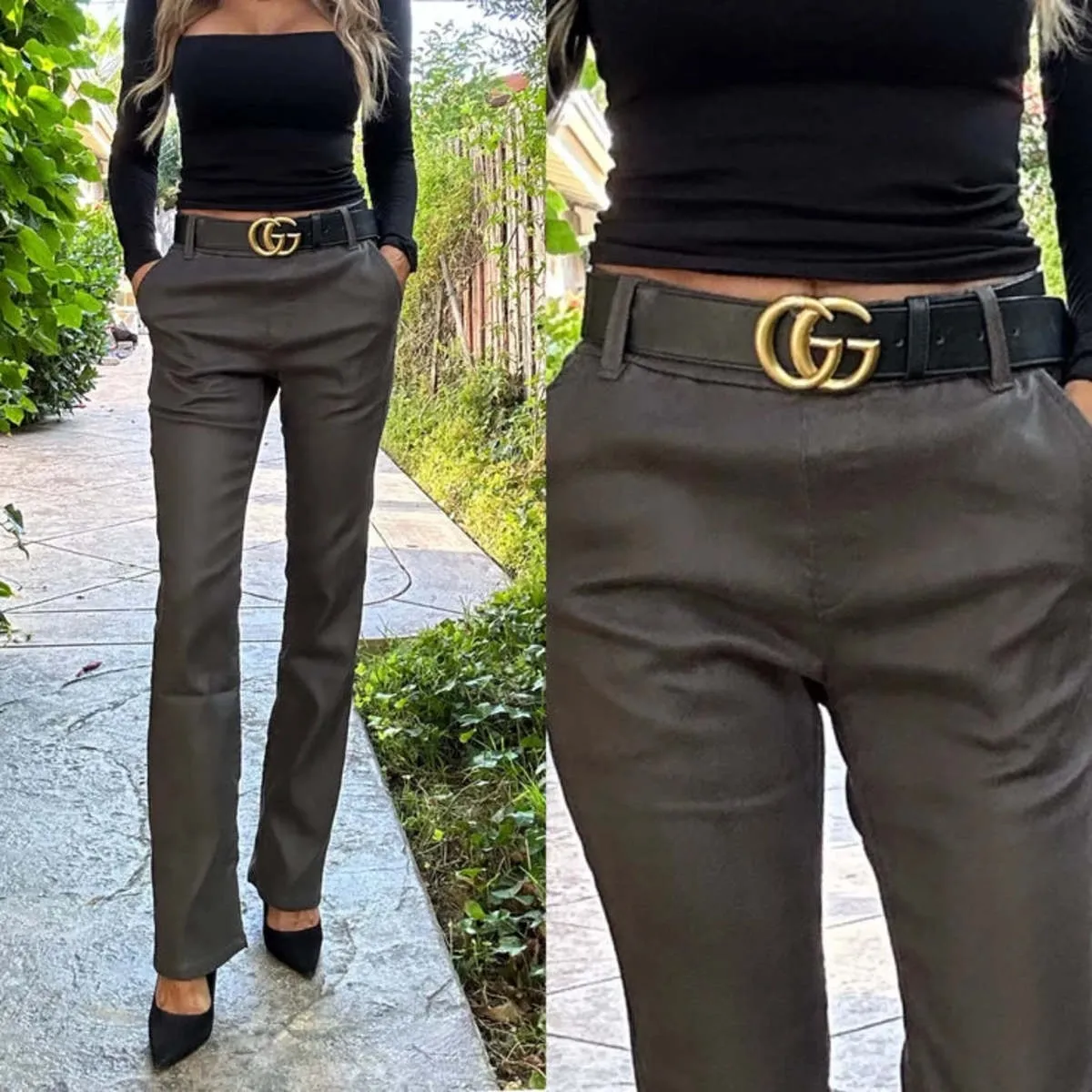 FLOG 25 Nansi Flare Pants Trousers Ary Olive Green 27.5 Inseam Stretch Luxury - Image 2