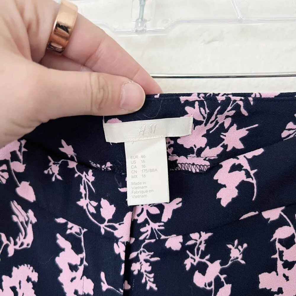 [H&M] Navy Blue Floral Print Side Stripe Wide Leg High Rise Trouser Pants Sz 16 - Image 10