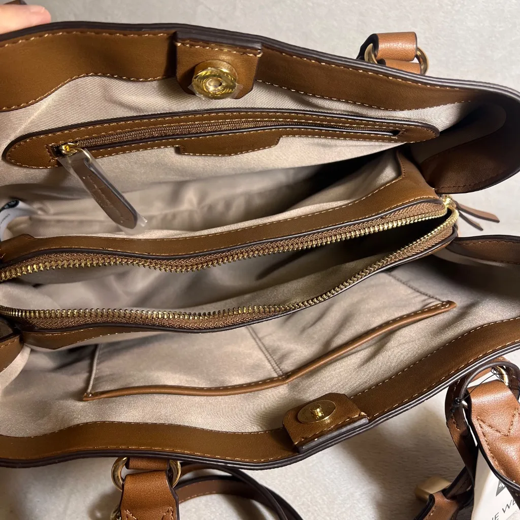 Nine West Women's Brooklyn Jet Set Carryall Beige Brown Satchel Crossbody Bag - Image 6