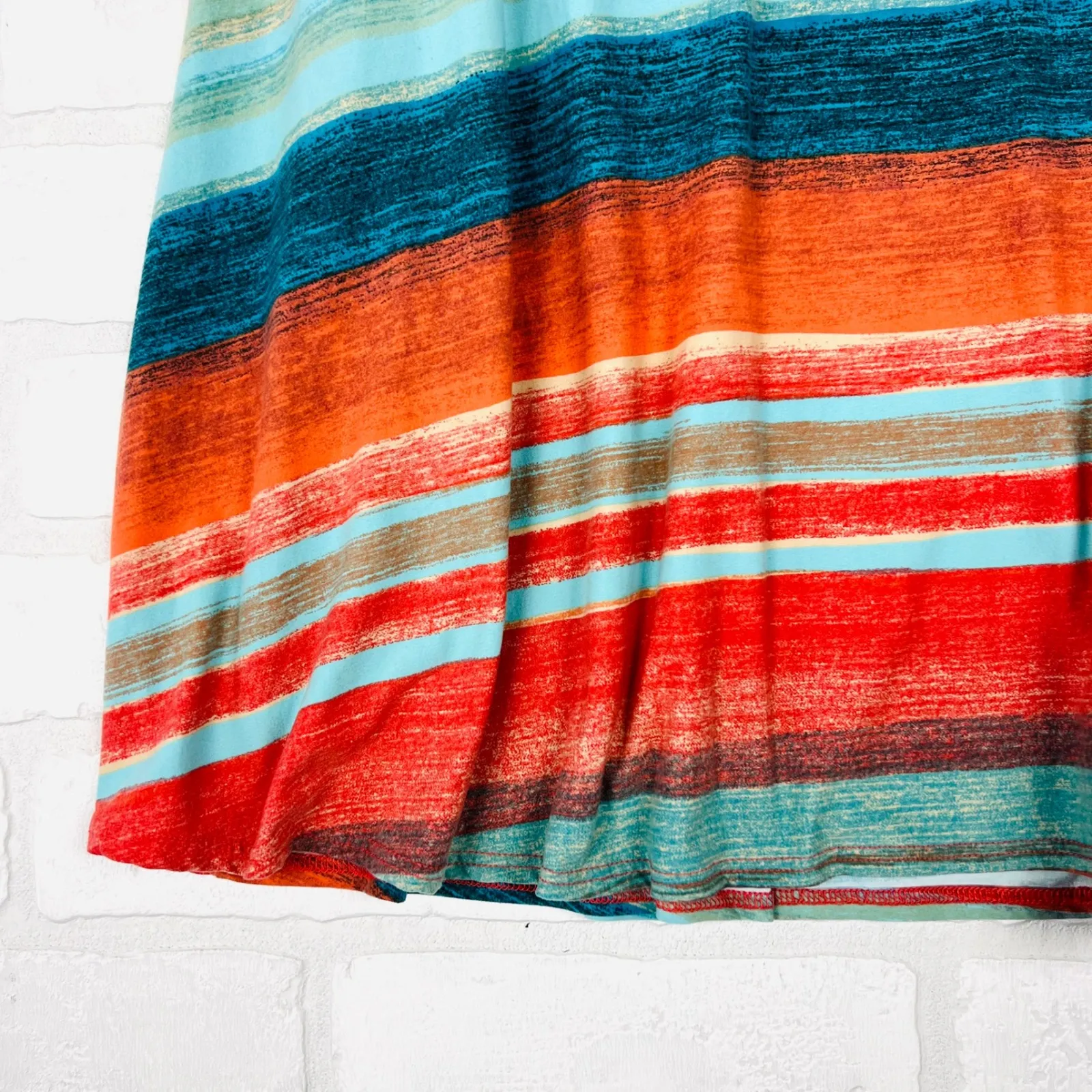 Filly Flair Women's Medium M Shift Dress Orange Teal‎ Blue Striped 3/4 Sleeve - Image 3