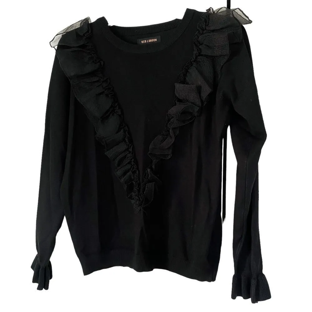 QED London Asos Black Knit Long Sleeve Ruffled Embroidered Sweater Size XS - Image 3