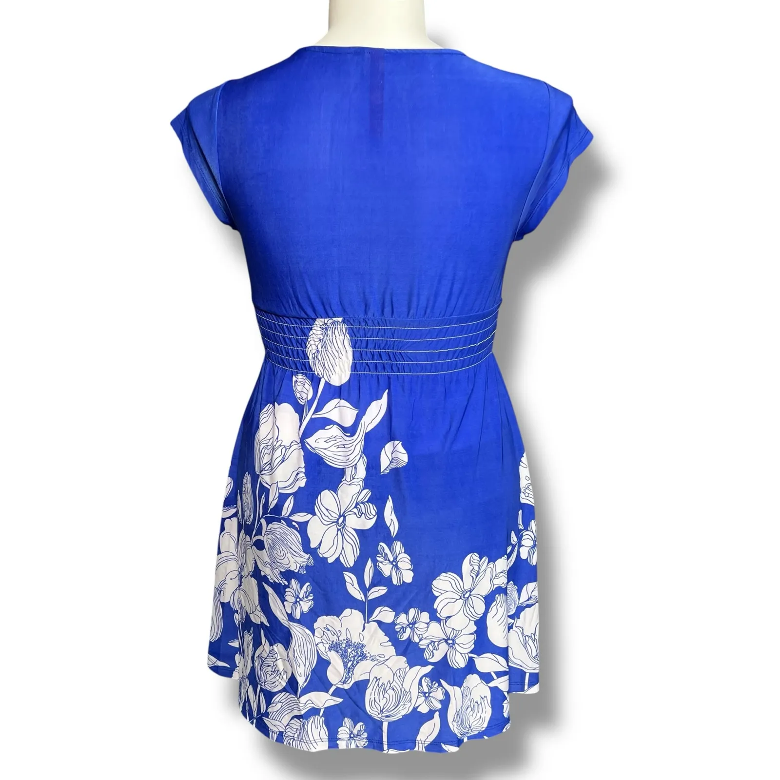 Cristina Love Womens Empire Waist Babydoll Mini Dress Smocked Floral Blue Large - Image 4