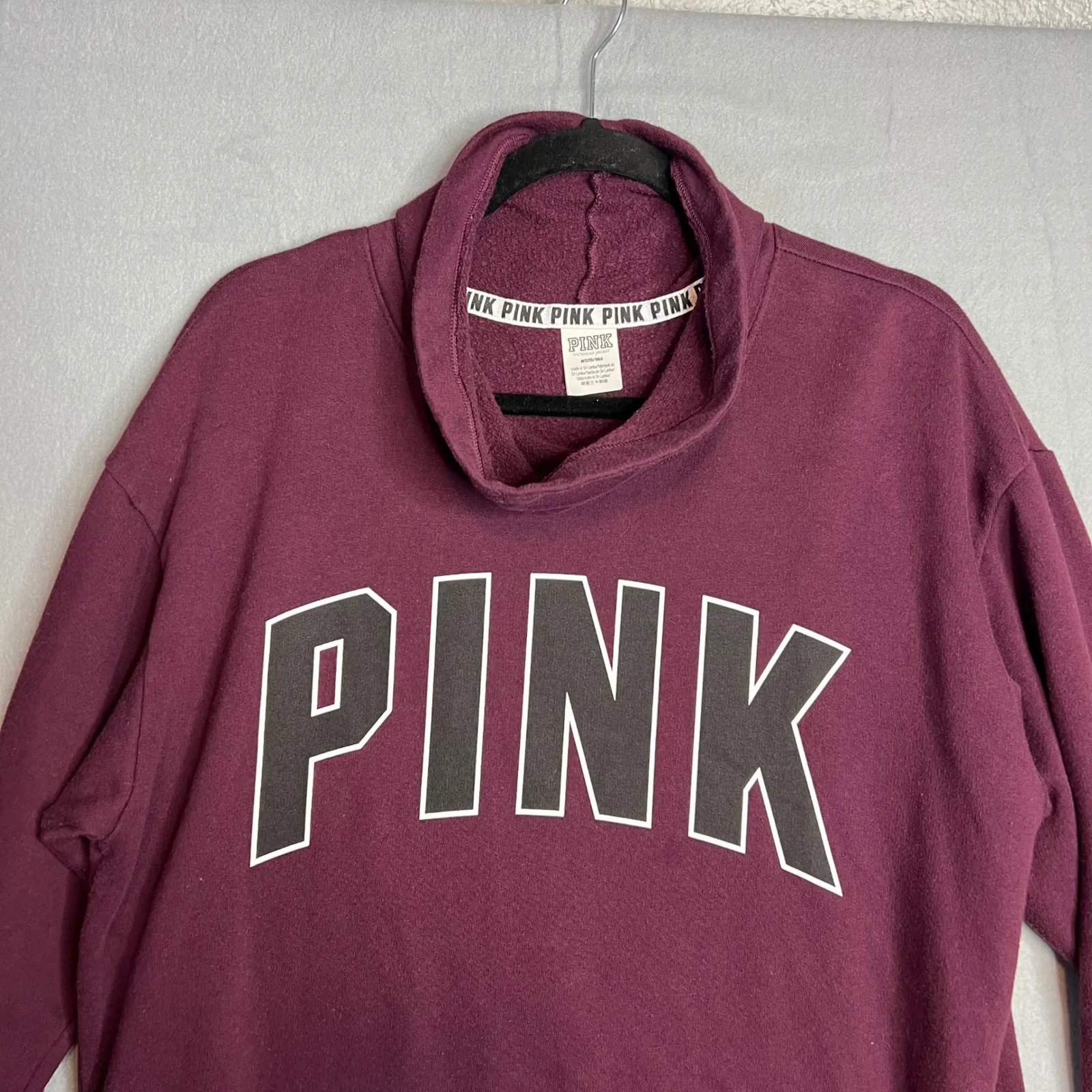 PINK Victorias Secret Burgundy Cowl Neck Spellout Sweatshirt Size M w/ Pockets Purple Size M - Image 3