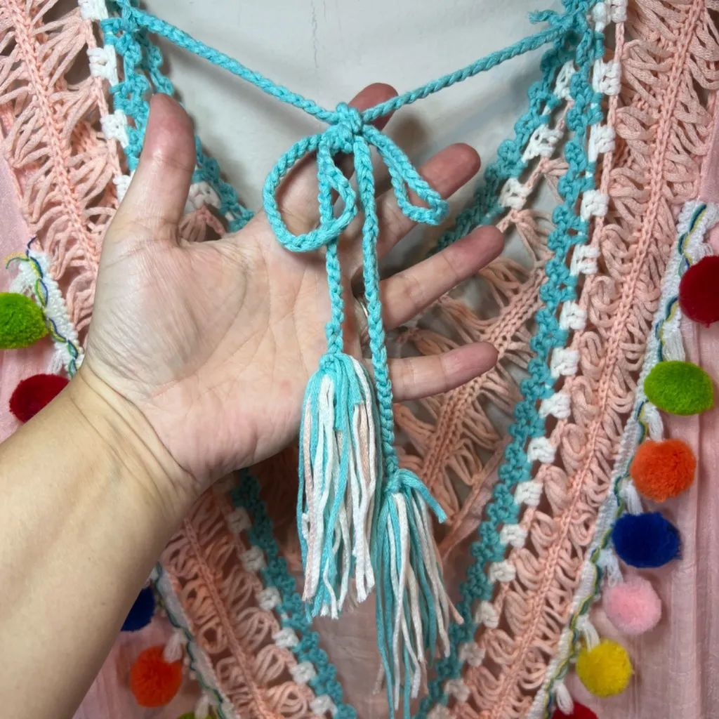 Pom Pom Crochet V-Neck Cover-Up Dress Swim Peach Open Tie Back Lightweight Large - Image 9